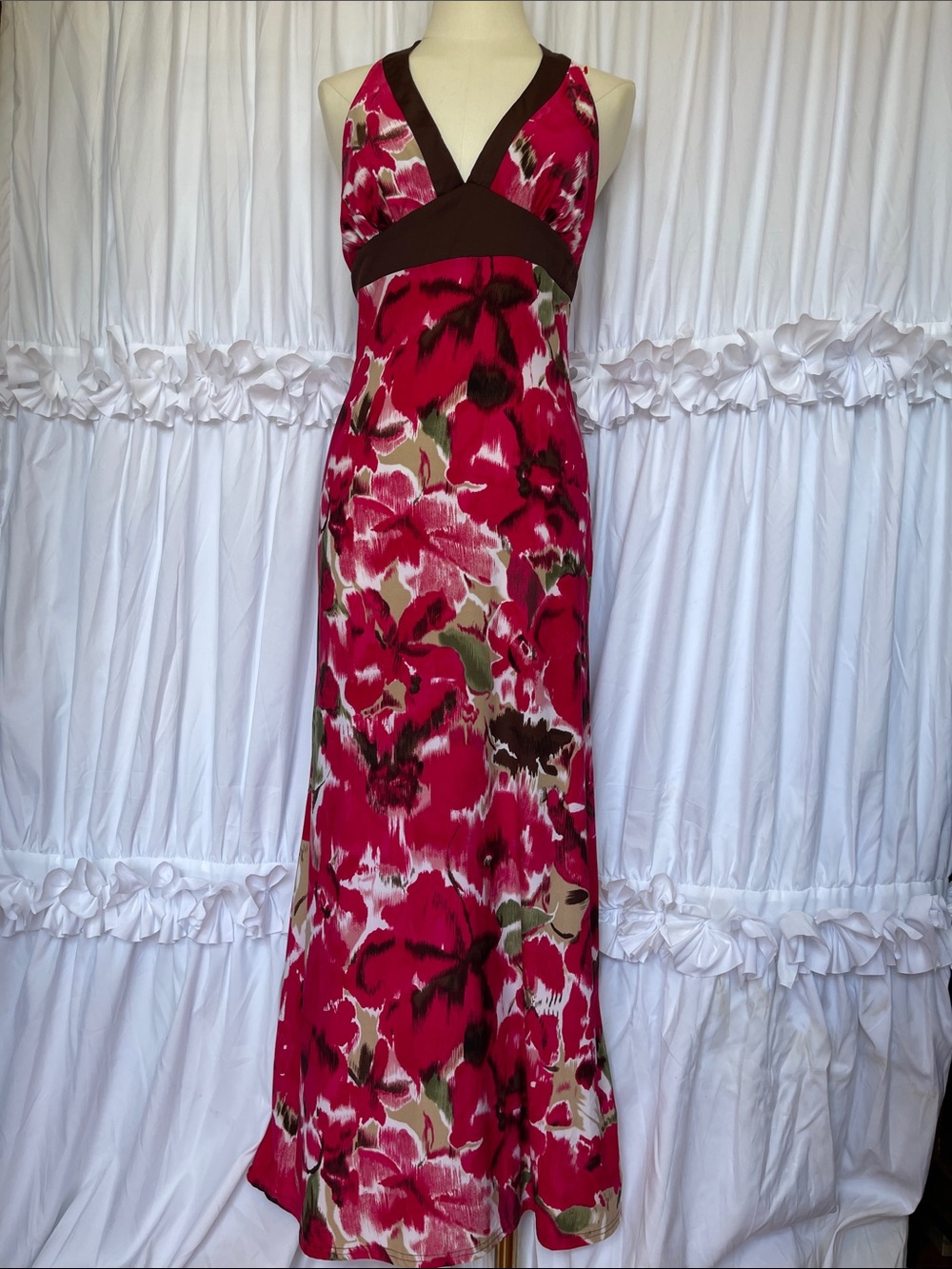 Vintage Pink Floral Halter Maxi Dress with Brown Trim